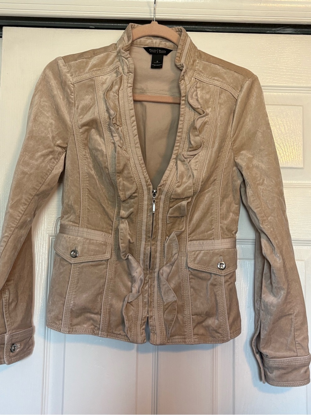 White House Black Market Women's Beige Ruffle Front Jean Jacket